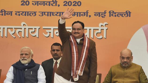 Jagat Prakash Nadda took over as the 11th president of the BJP on Monday.(Sanjeev Verma/HT Photo)