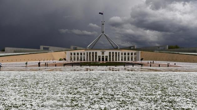 Golf ball sized hail after a hailstorm at Parliament House in Canberra. “This is one of the biggest, if not the biggest -- I would say the biggest -- challenge the tourism industry has had in living memory,” Prime Minister Scott Morrison said on Monday. Australia’s conservative government has come under intense criticism for its response to the fires and climate change, which scientists say is a major contributing factor to the crisis. (Mick Tsikas / AAP Image via REUTERS)