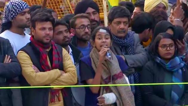 JNU Students' Union president Aishe Ghosh at a protest against CAA outside Jamia Millia Islamia in New Delhi last week.(ANI Photo)