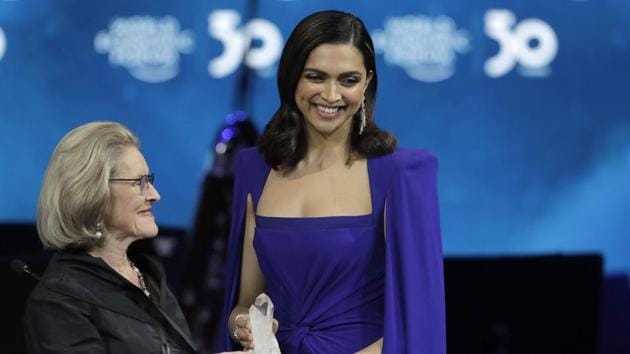 Deepika Padukone, from India, receives a Crystal Award from Hilde Schwab, Chairwoman and Co-Founder of the World Economic Forum's World Arts Forum.(AP)
