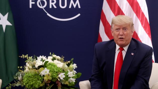 US President Donald Trump gestures during a bilateral meeting with Pakistan's Prime Minister Imran Khan at the 50th World Economic Forum (WEF) annual meeting in Davos, Switzerland, January 21, 2020.(REUTERS)