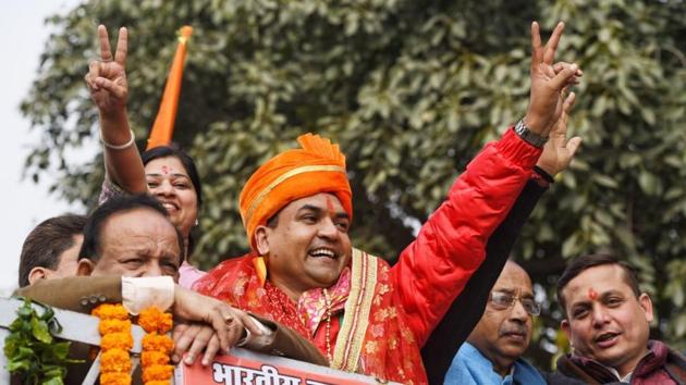 Kapil Mishra filed his nomination on Tuesday with much fanfare after a roadshow in capital.(HT Photo)