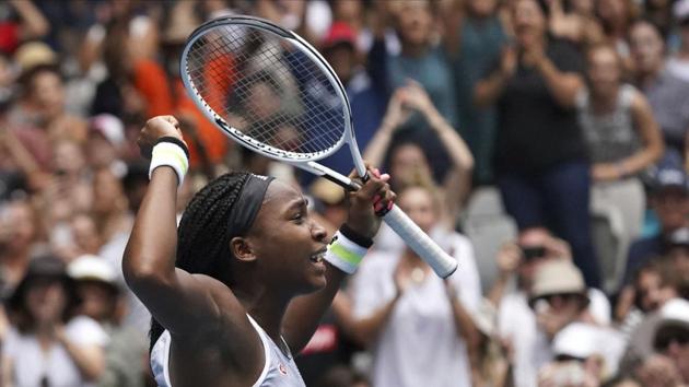 Cori "Coco" Gauff of the U.S. celebrates after defeating Romania's Sorana Cirstea during their second round singles match at the Australian Open (AP) Cori "Coco" Gauff of the U.S. celebrates after defeating Romania's Sorana Cirstea during their second round singles match at the Australian Open (AP)