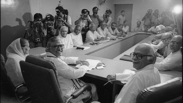 In 1991 the party appointed Murli Manohar Joshi (C) as its president. He served a term till 1993. Proponent of Swadeshi, he stressed on reviving Sanskrit education, modernising madarsas and started the Sarva Shiksha Abhiyan. As the President of the BJP, Joshi led the Ekta Yatra that culminated in Kashmir with the national flag being raised. (R Gupta / HT Archive) In 1991 the party appointed Murli Manohar Joshi (C) as its president. He served a term till 1993. Proponent of Swadeshi, he stressed on reviving Sanskrit education, modernising madarsas and started the Sarva Shiksha Abhiyan. As the President of the BJP, Joshi led the Ekta Yatra that culminated in Kashmir with the national flag being raised. (R Gupta / HT Archive)