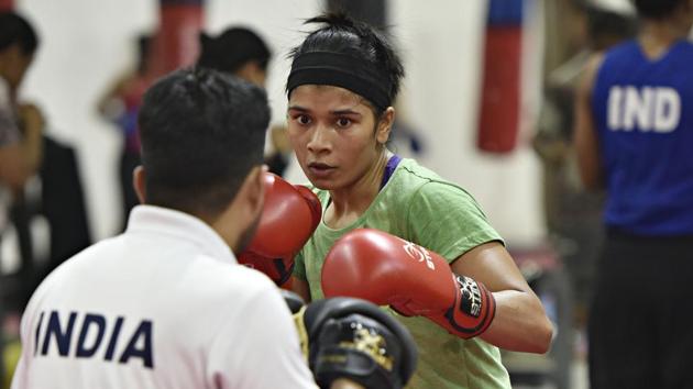 Nikhat Zareen, during the Practice at Indira Gandhi Indore Stadium in New Delhi.(Raj K Raj/HT PHOTO) Nikhat Zareen, during the Practice at Indira Gandhi Indore Stadium in New Delhi.(Raj K Raj/HT PHOTO)