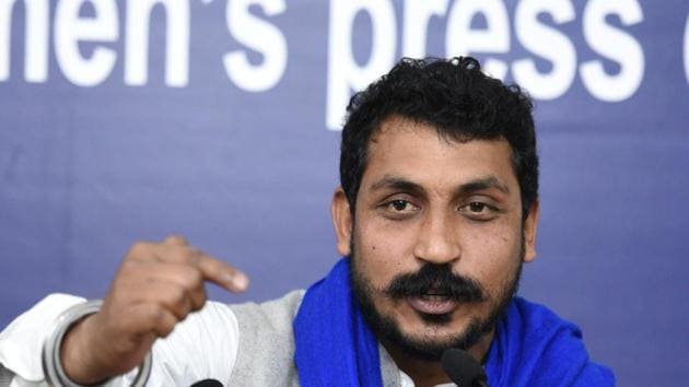 Bhim Sena chief Chandrashekhar Azad during a press conference at Indian Women's Press Club in New Delhi. (Arvind Yadav/HT PHOTO) Bhim Sena chief Chandrashekhar Azad during a press conference at Indian Women's Press Club in New Delhi. (Arvind Yadav/HT PHOTO)