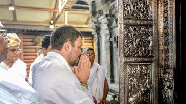 Rahul Gandhi seen praying here at Manjunatheshwara Temple in Karnataka in 2018 has been invited by Shiv Sena to visit Ayodhya. (PTI Photo/File/Representative) Rahul Gandhi seen praying here at Manjunatheshwara Temple in Karnataka in 2018 has been invited by Shiv Sena to visit Ayodhya. (PTI Photo/File/Representative)