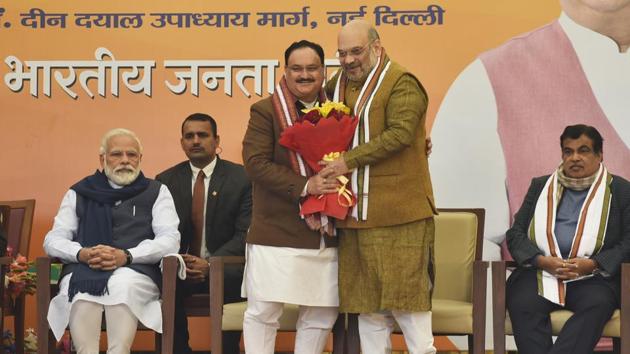Jagat Prakash Nadda on Monday was elected unopposed as the 11th national president of the Bharatiya Janata Party. A former ABVP functionary and an ex union minister, Nadda took over from Amit Shah, who served as party president from 2014 and is also the union Minister for home affairs. (Sanjeev Verma / HT Photo) Jagat Prakash Nadda on Monday was elected unopposed as the 11th national president of the Bharatiya Janata Party. A former ABVP functionary and an ex union minister, Nadda took over from Amit Shah, who served as party president from 2014 and is also the union Minister for home affairs. (Sanjeev Verma / HT Photo)