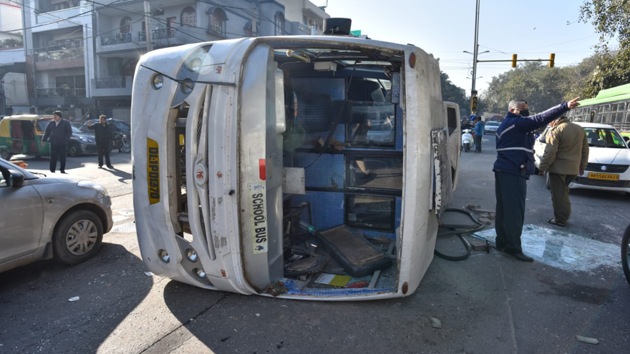 A view of the School bus that collided with a Cluster Bus injuring six students at Naraina in New Delhi (Sanchit Khanna/ HT Photo) A view of the School bus that collided with a Cluster Bus injuring six students at Naraina in New Delhi (Sanchit Khanna/ HT Photo)