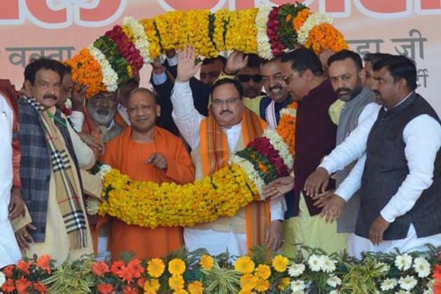 BJP national president JP Nadda was accompanied by chief minister Yogi Adityanath, deputy chief minister Keshav Prasad Maurya on Thursday.(HT PHOTO.)