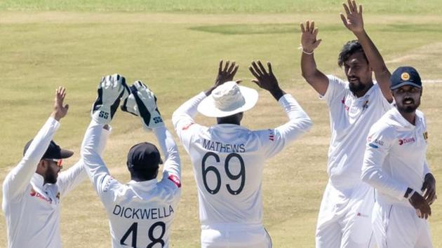 Suranga Lakmal after taking a wicket during the Test match between Sri Lanka and Zimbabwe.(Twitter)