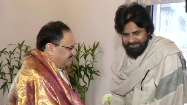 BJP national president JP Nadda met with Jana Sena Party chief Pawan Kalyan on Jan 23, 2020.(ANI / Twitter)