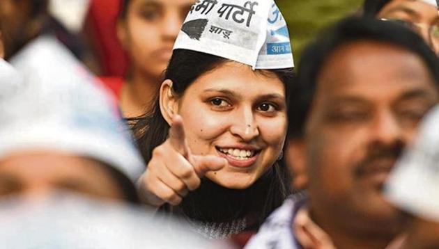 Supporters of AAP during a rally ahead of the upcoming Delhi Assembly elections at Rajendra Nagar in New Delhi, on Wednesday, January 22, 2020. (Sanchit Khanna / HT Photo) Supporters of AAP during a rally ahead of the upcoming Delhi Assembly elections at Rajendra Nagar in New Delhi, on Wednesday, January 22, 2020. (Sanchit Khanna / HT Photo)
