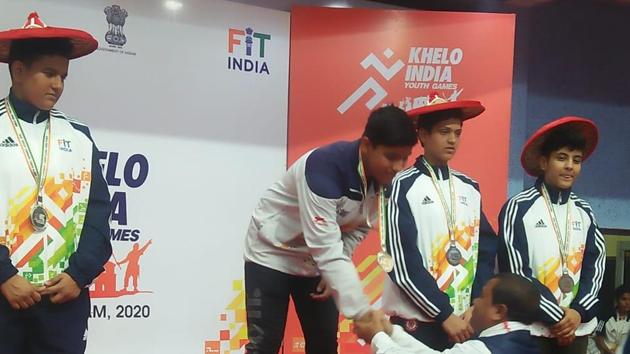 Fourteen-year-old Mahi Raghav (in centre) competed in the girls’ under-17, 70-kg category and beat Maharashtra’s Sharvari Kalyan at Khelo India Youth Games in Guwahati. (Sourced) Fourteen-year-old Mahi Raghav (in centre) competed in the girls’ under-17, 70-kg category and beat Maharashtra’s Sharvari Kalyan at Khelo India Youth Games in Guwahati. (Sourced)