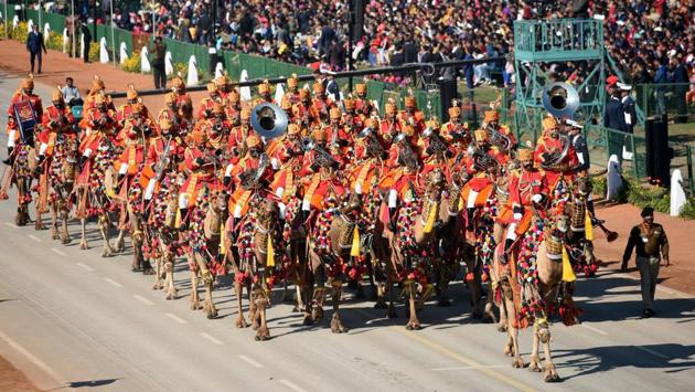 The Border Security Force’s camel-mounted band marches down Rajpath. This year the BSF will be represented only by its camel contingents unlike previous years when the marching contingent and motor riders were also present. (Sonu Mehta / HT Photo) The Border Security Force’s camel-mounted band marches down Rajpath. This year the BSF will be represented only by its camel contingents unlike previous years when the marching contingent and motor riders were also present. (Sonu Mehta / HT Photo)