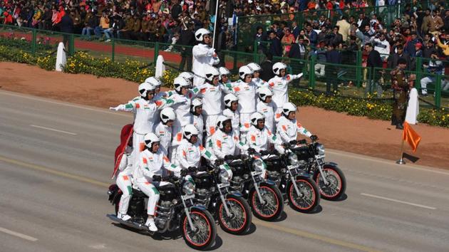 Women bikers of the Central Reserve Police Force (CRPF) will showcase their daredevilry in Republic Day parade this year. A total of 65 CRPF women will be performing 9 motorcycle-borne stunts on 18 Royal Enfield Classic 350. (Sonu Mehta / HT Photo) Women bikers of the Central Reserve Police Force (CRPF) will showcase their daredevilry in Republic Day parade this year. A total of 65 CRPF women will be performing 9 motorcycle-borne stunts on 18 Royal Enfield Classic 350. (Sonu Mehta / HT Photo)
