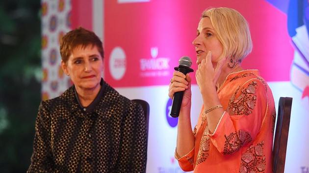 Author Elizabeth Gilbert (R) in conversation with publisher Alexandra Pringle during a session titled, ‘From Eat, Pray, Love to City of Girls’. Gilbert is the number one New York Times best-selling author of Eat, Pray, Love. (Raj K Raj / HT Photo) Author Elizabeth Gilbert (R) in conversation with publisher Alexandra Pringle during a session titled, ‘From Eat, Pray, Love to City of Girls’. Gilbert is the number one New York Times best-selling author of Eat, Pray, Love. (Raj K Raj / HT Photo)