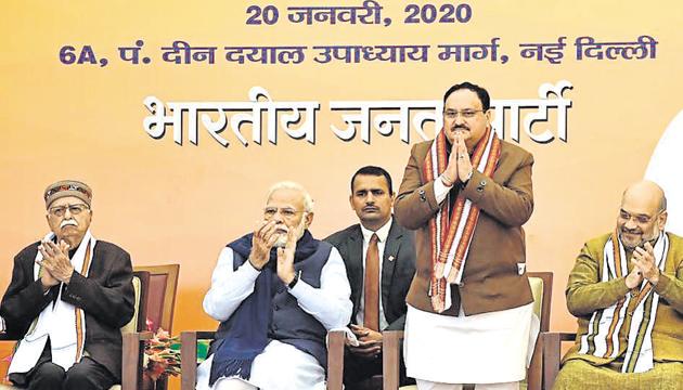 BJP national president JP Nadda has been holding meetings with party workers in assembly constituencies. (Sanjeev Verma/HT PHOTO) BJP national president JP Nadda has been holding meetings with party workers in assembly constituencies. (Sanjeev Verma/HT PHOTO)