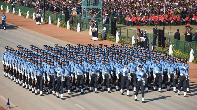 The Indian Air Force’s marching contingent in formation. Contingents representing all branches of the armed forces as well as paramilitary and police were seen. (Sonu Mehta / HT Photo) The Indian Air Force’s marching contingent in formation. Contingents representing all branches of the armed forces as well as paramilitary and police were seen. (Sonu Mehta / HT Photo)