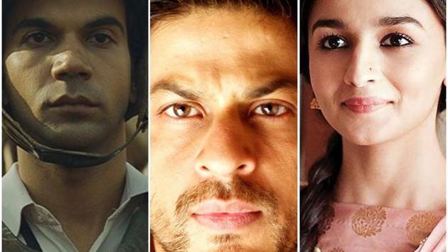 Rajkummar Rao, Shah Rukh Khan and Alia Bhatt, in stills from Newton, Chak De! India and Raazi.