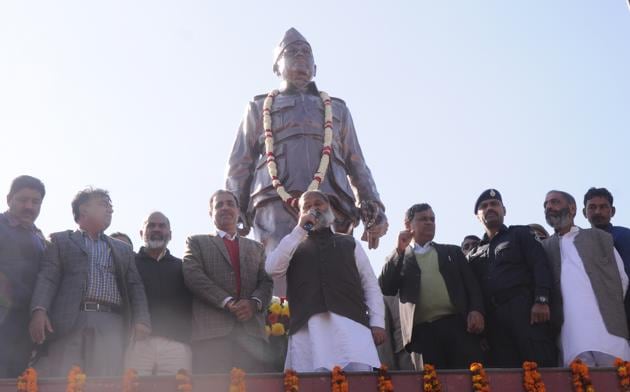 Haryana home minister Anil Vij during the inauguration of the 12 foot tall statue of Netaji Subash Chandra Bose in Ambala on Thursday.