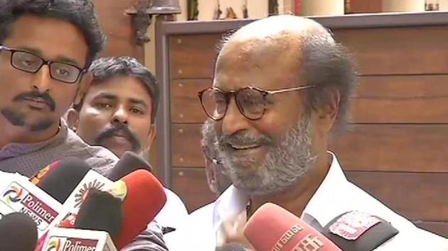 Rajinikanth speaking to reporters in Chennai on Tuesday.(ANI Photo)