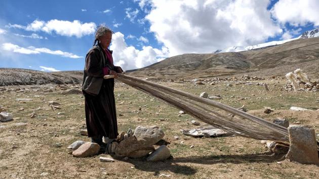 A Changpa nomad looms pashmina wool. Shopkeeper Irfan Goruu, 31, said there were sometimes shortages of pashmina because of the changing weather. “If the nomads of Ladakh do not produce it then nobody will... so this industry will finish,” he told AFP. (Noemi Cassanelli / AFP)