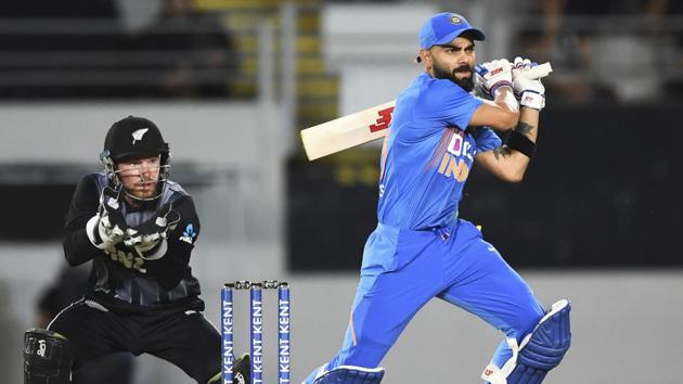 Auckland: India captain Virat Kohli bats as New Zealand keeper Tim Seifert looks on during the Twenty/20 cricket international between India and New Zealand in Auckland, New Zealand, Friday, Jan. 24, 2020.(AP)