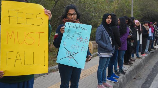 Women holding a poster during a demonstration against fee hike and Hindutva terror in Jawaharlal Nehru University, at JNU, in New Delhi, India, on Friday, January 10, 2020.(Photo: Amal KS / Hindustan Times)