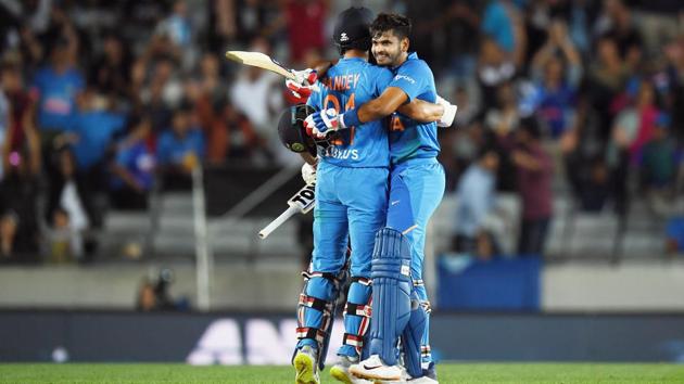 Manish Pandey and Shreyas Iyer celebrate their win in game one of the Twenty20 series between New Zealand and India at Eden Park in Auckland, New Zealand.(Getty Images)