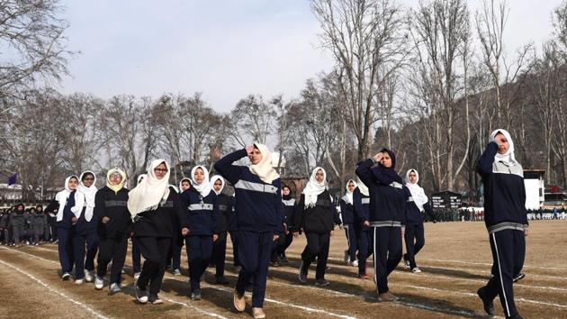 School children seen during full dress rehearsal for the Republic Day parade at Sher-e-Kashmir Stadium. (Waseem Andrabi / Hindustan Times) School children seen during full dress rehearsal for the Republic Day parade at Sher-e-Kashmir Stadium. (Waseem Andrabi / Hindustan Times)