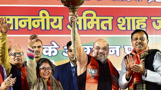 Union home minister Amit Shah seen during a rally ahead of the Delhi Assembly elections, at Mustafabad, on Friday, January 24, 2020. (Burhaan Kinu / HT Photo) Union home minister Amit Shah seen during a rally ahead of the Delhi Assembly elections, at Mustafabad, on Friday, January 24, 2020. (Burhaan Kinu / HT Photo)