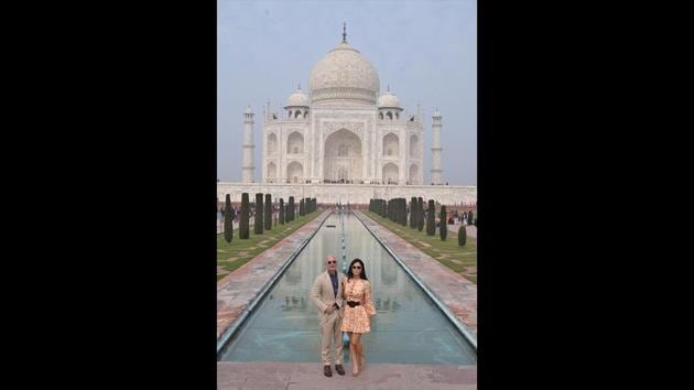 Amazon CEO Jeff Bezos with his partner Lauren Sanchez at the Taj Mahal in Agra, Uttar Pradesh. (HT Photo) 