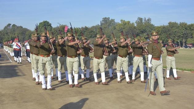 Ghaziabad India - January 24, 2020: Police personnel seen during full dress rehearsal ahead of Republic Day, at Police Line, in Ghaziabad, India, on Friday, January 24, 2020. (Photo by Sakib Ali /Hindustan Times)