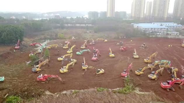 An aerial view of the construction site of a new hospital that is projected to have 1,000 beds dedicated to treat patients with coronavirus, in Wuhan. (China News Service via REUTERS )
