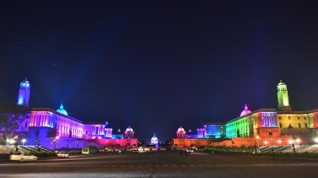 Rashtrapati Bhawan along with the North and South block is illuminated during the full dress rehearsal ahead of Republic Day parade, at Vijay Chowk, in New Delhi. (Sanchit Khanna / HT Photo) 