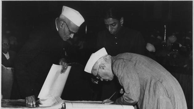 24 January 1950 - The New Constitution of India was signed by the members of the constituent assembly at its final session. (HT Archives) 24 January 1950 - The New Constitution of India was signed by the members of the constituent assembly at its final session. (HT Archives)