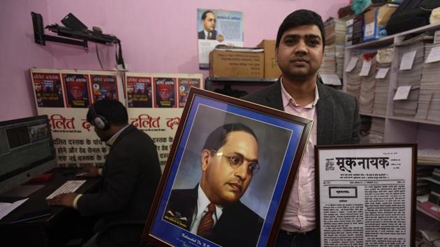 Ashok Das, the founder and editor of Dalit Dastak, a monthly magazine, at his office in Pandav Nagar in New Delhi.(Biplov Bhuyan/HT PHOTO)