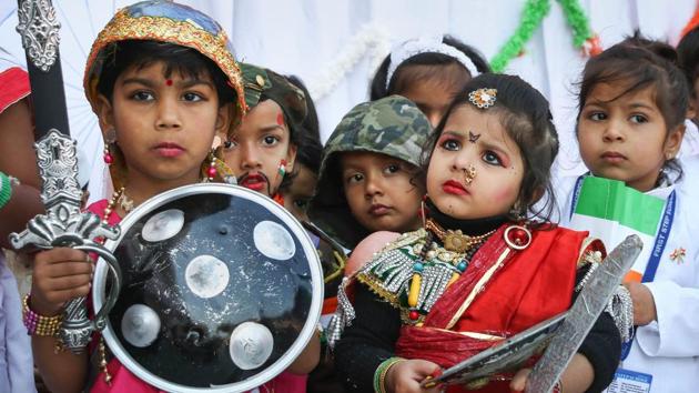 Ajmer: School children perform during Republic Day celebrations at a school, in Ajmer, Saturday, Jan. 25, 2020. (PTI Photo) (PTI1_25_2020_000051A) (PTI)