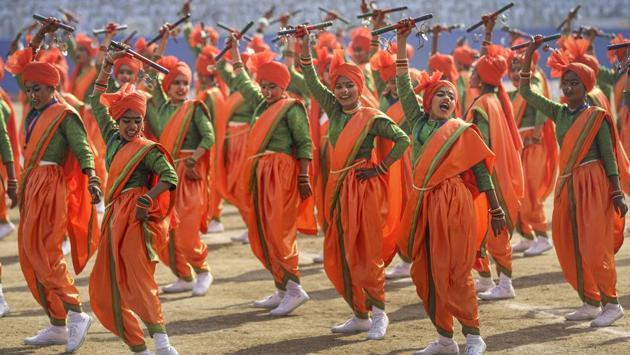 New Delhi: School children perform during the state level Republic Day function, at Chhatrasal Stadium in New Delhi, Saturday, Jan. 25, 2020. (PTI Photo) (PTI1_25_2020_000077A) (PTI)