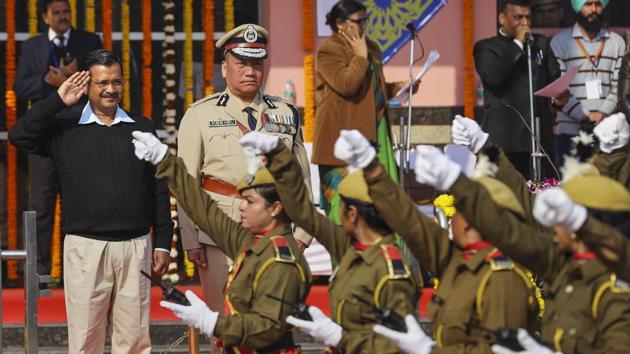New Delhi: Delhi Chief Minister Arvind Kejriwal takes salute of the parade during the state level Republic Day function, at Chhatrasal Stadium in New Delhi, Saturday, Jan. 25, 2020. (PTI Photo) (PTI1_25_2020_000071A) (PTI)