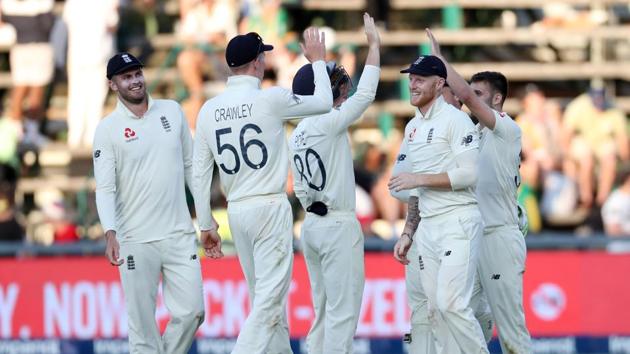 England's Mark Wood celebrates taking the wicket of South Africa's Anrich Nortje.(REUTERS) England's Mark Wood celebrates taking the wicket of South Africa's Anrich Nortje.(REUTERS)