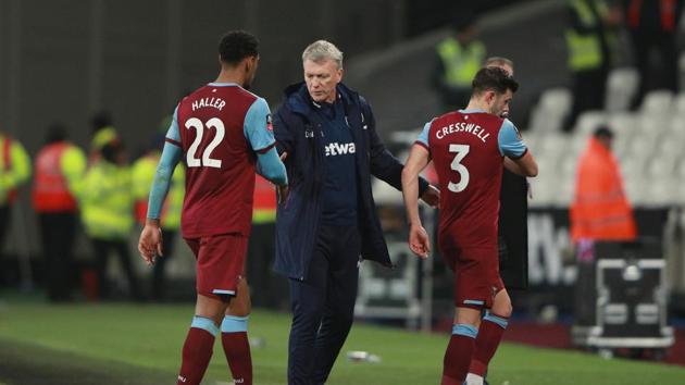West Ham United's Sebastien Haller and manager David Moyes after the match.(REUTERS)