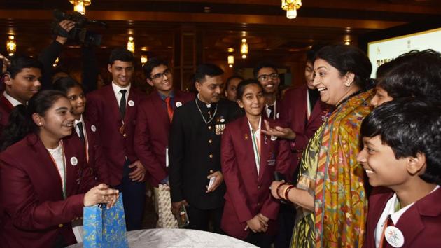 Minister of Women and Child Development Smriti Irani interacts with Pradhan Mantri Rashtriya Bal Puraskar 2020 awardees during a press conference, at Hotel Ashoka, in New Delhi. (Sanjeev Verma / HT Photo) 