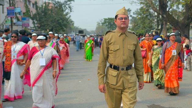 A school student dressed up like Netaji Subhash Chandra Bose on the occasion of his 123rd Birth Anniversary in Agartala, Tripura. (ANI) 