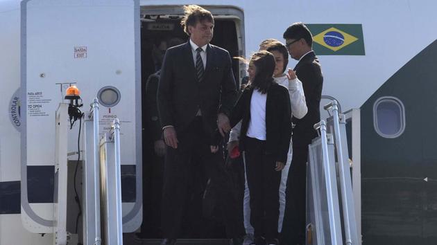 President of Brazil Jair Messias Bolsonaro arrives at Palam Technical Airport, in New Delhi. He is the chief guest for this year’s Republic Day function. (Vipin Kumar / HT Photo) 