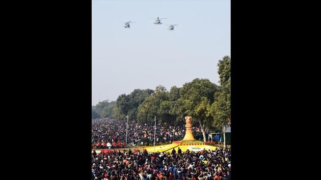 The fly-past – the grand finale and the most keenly awaited segment of the parade – comprised the ‘Trishul’ formation by three advanced light helicopters. (Arvind Yadav / HT Photo)