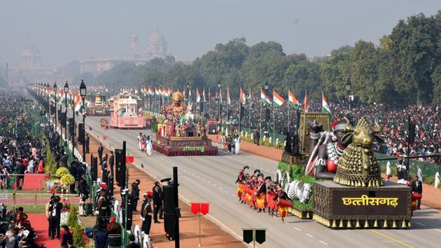 Twenty-two tableaux – 16 from states and Union territories and six from various ministries and departments – depicting the nation’s rich cultural heritage and economic progress rolled down the Rajpath. (Sonu Mehta / HT Photo)