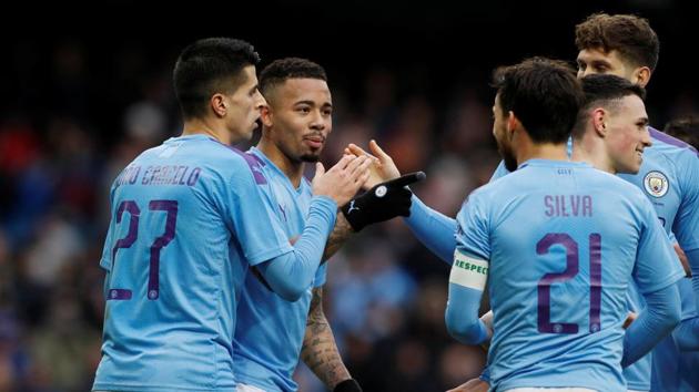 Manchester City's Gabriel Jesus celebrates scoring their fourth goal with teammates. (REUTERS) Manchester City's Gabriel Jesus celebrates scoring their fourth goal with teammates. (REUTERS)