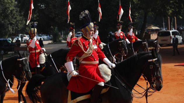 Horse mounted Indian Presidential body guard stand as Brazil's national anthem is played at the ceremonial reception of Brazil's president Jair Bolsonaro in New Delhi, India, Saturday, Jan. 25, 2020. Bolsonaro is this year's chief guest for India's Republic day parade. (AP Photo/Manish Swarup) (AP) 